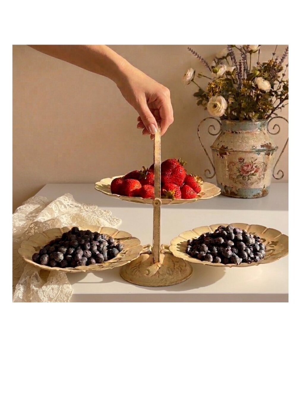 Vintage Shabby Chic Metal Folding Three Tiered Tray | cake tray